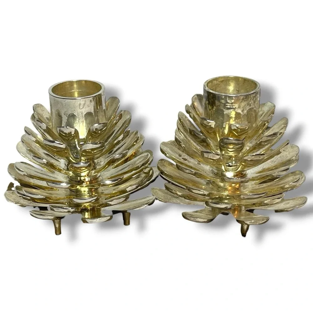 2pc Silver Plated Pine Cone Candle Stick Holders - Tarnished